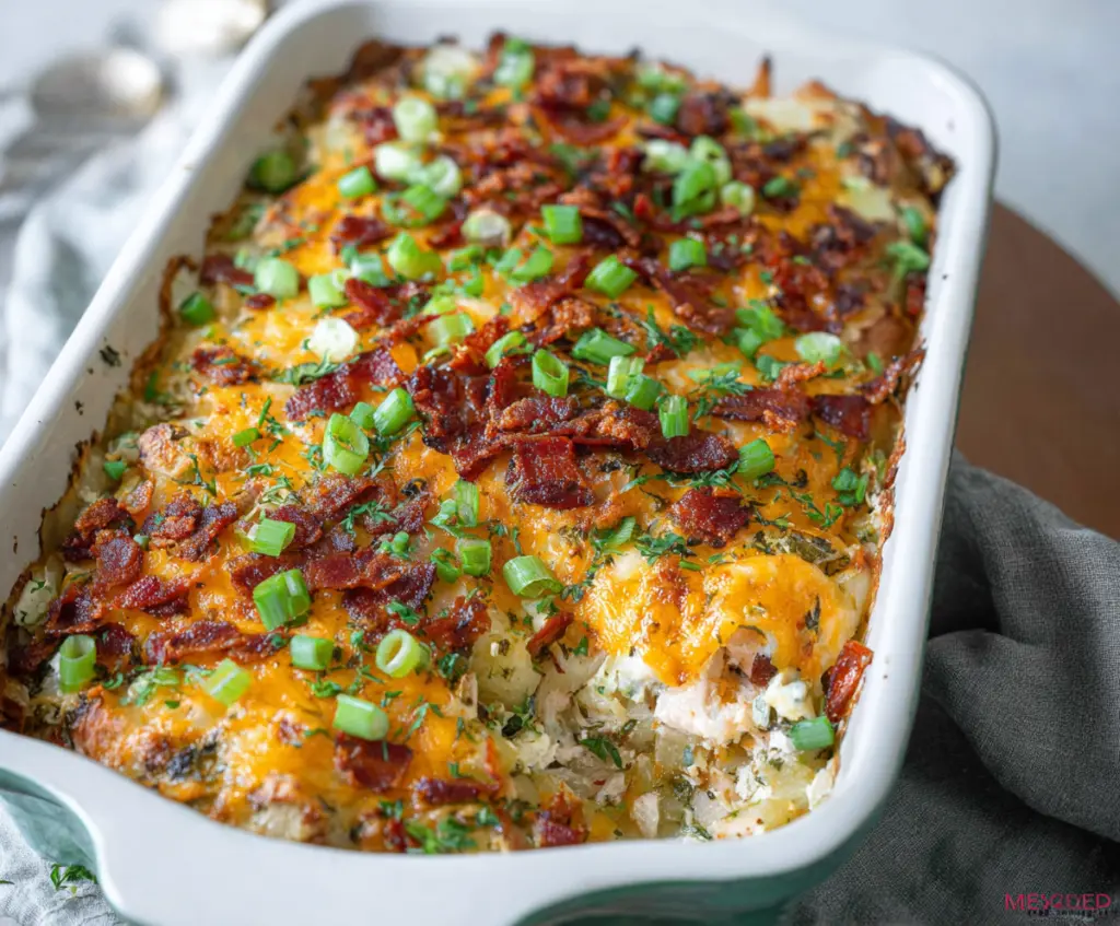 Spring Veggie Loaded Chicken Potato Casserole featuring colorful fresh vegetables, tender chicken, and crispy baked potatoes.