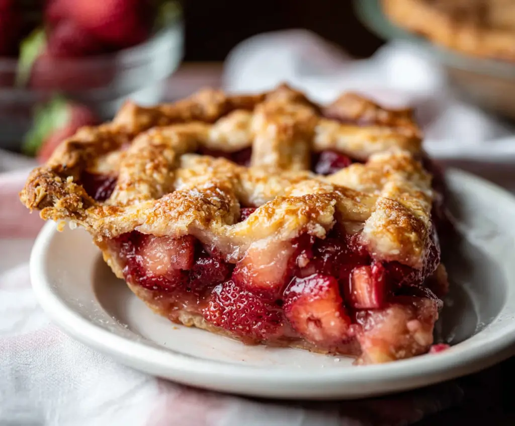 Delicious homemade strawberry rhubarb pie with a golden crust and fresh fruit filling