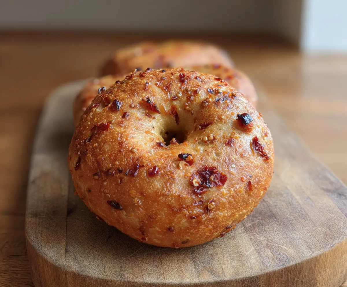 Delicious homemade Sun-Dried Tomato Sourdough Bagels on a rustic wooden board.