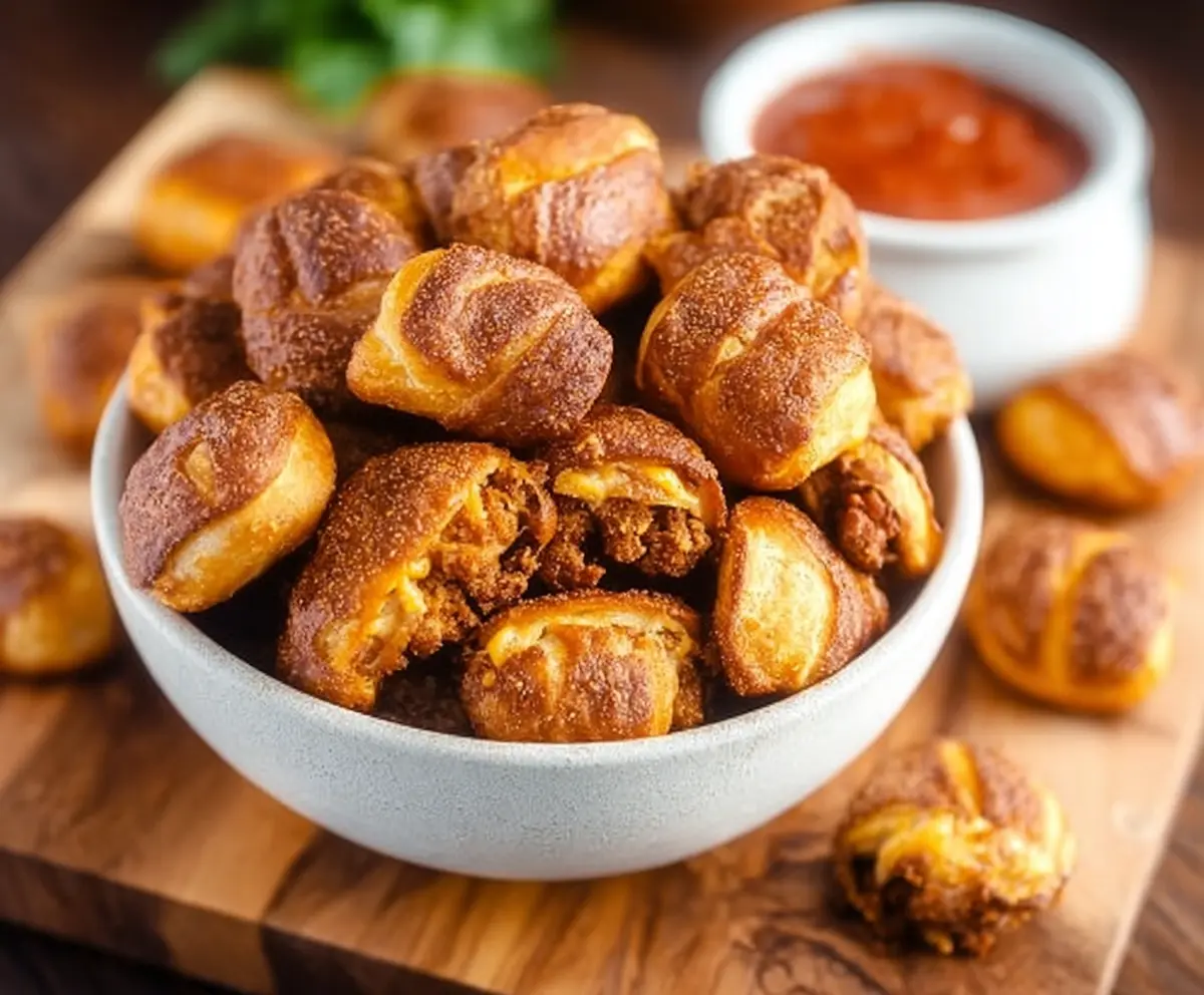 Delicious Taco Pretzel Bites with seasoned beef and melted cheese on a crispy pretzel snack.