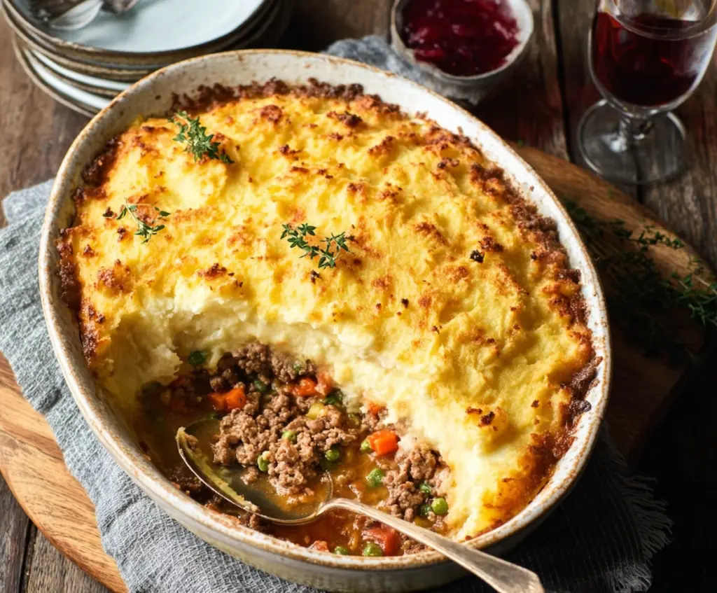 Delicious homemade Turkey Shepherd's Pie topped with mashed potatoes and tender turkey filling.