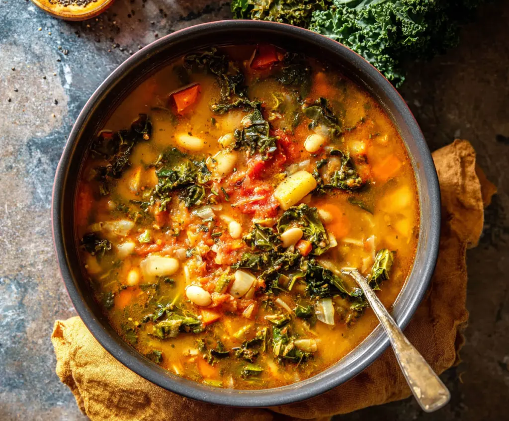 Hearty Tuscan Ribollita Soup with fresh vegetables and crusty bread in a rustic bowl.