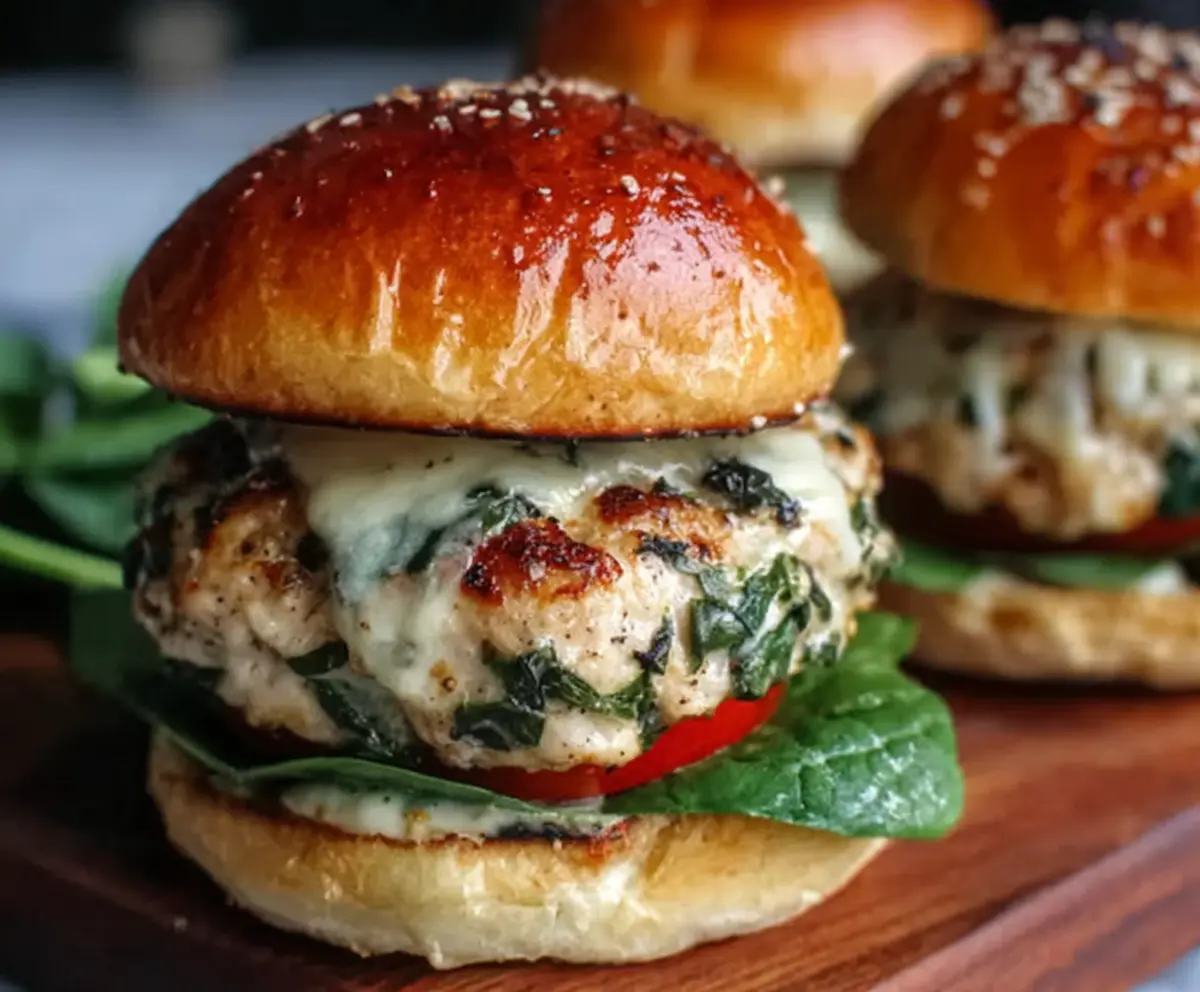 Delicious white cheddar spinach chicken burgers served sizzling on a plate.