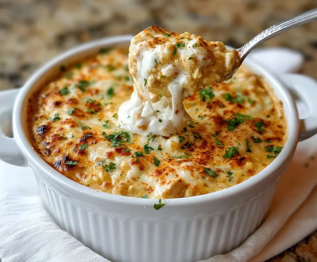 Bowl of White Chicken Chili Cottage Cheese Winter Bake served hot, highlighting its creamy texture and comforting ingredients.