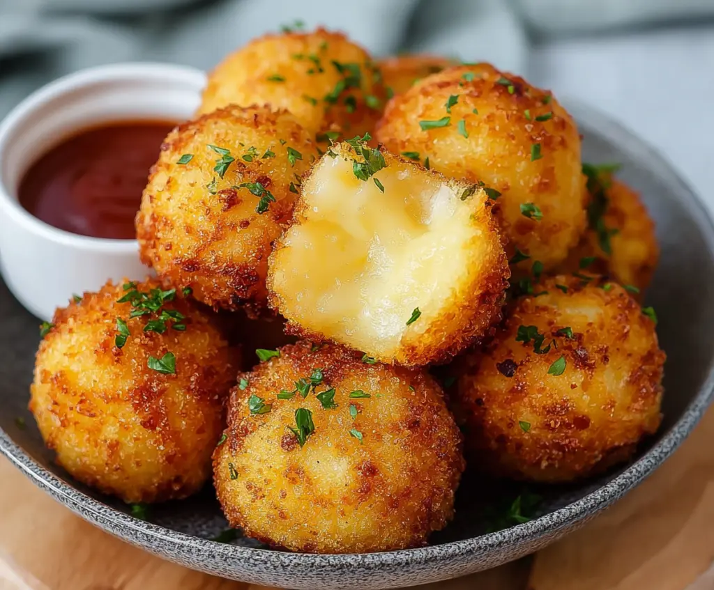 Golden crispy Air Fryer Cheesy Mashed Potato Balls served as a delicious appetizer.
