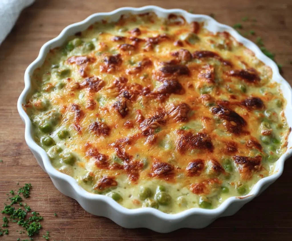 Delicious Au Gratin Creamed Peas with a golden cheesy topping, perfect for a comforting side dish.