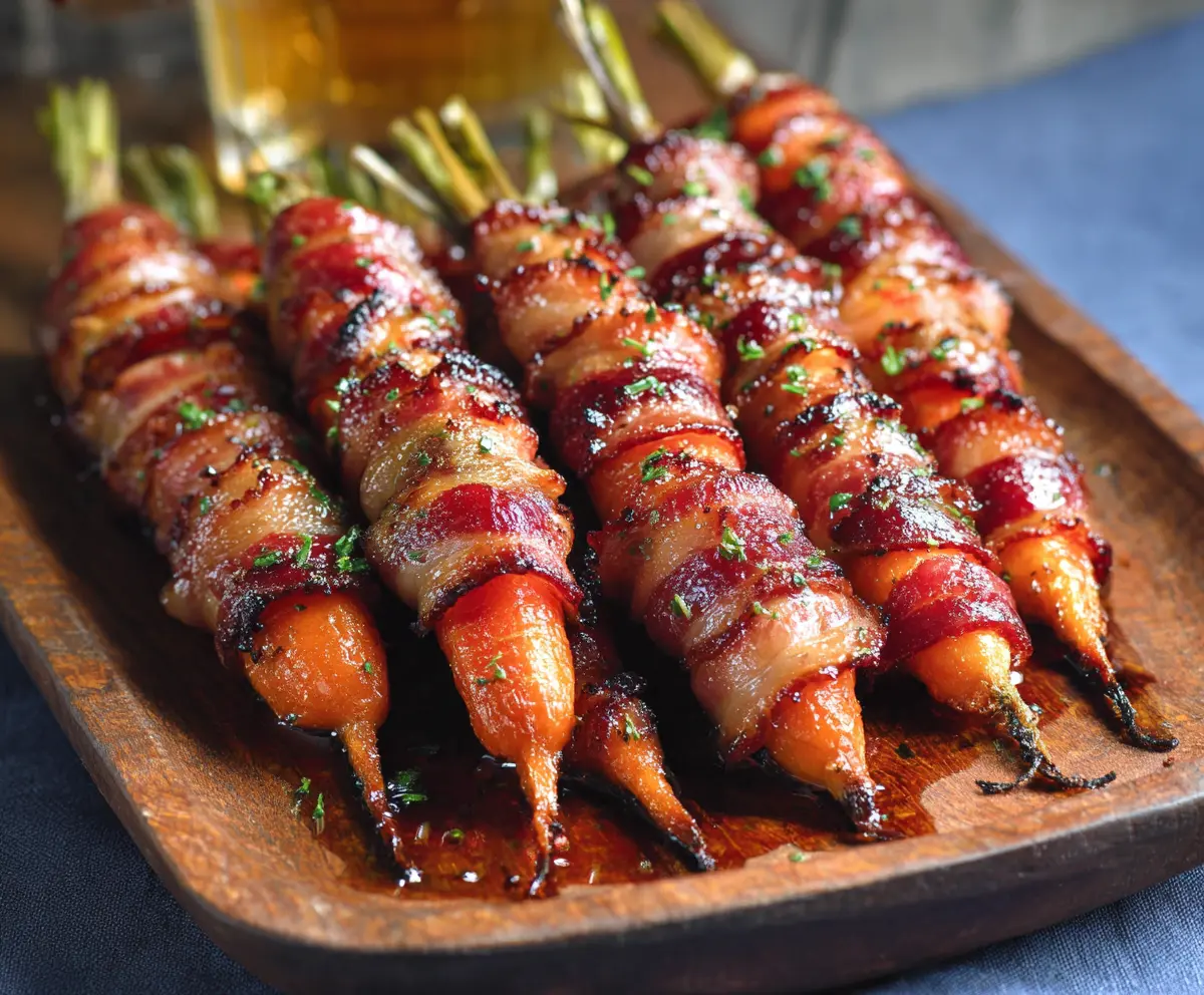 Delicious bacon-wrapped carrots roasted to perfection on a serving platter.