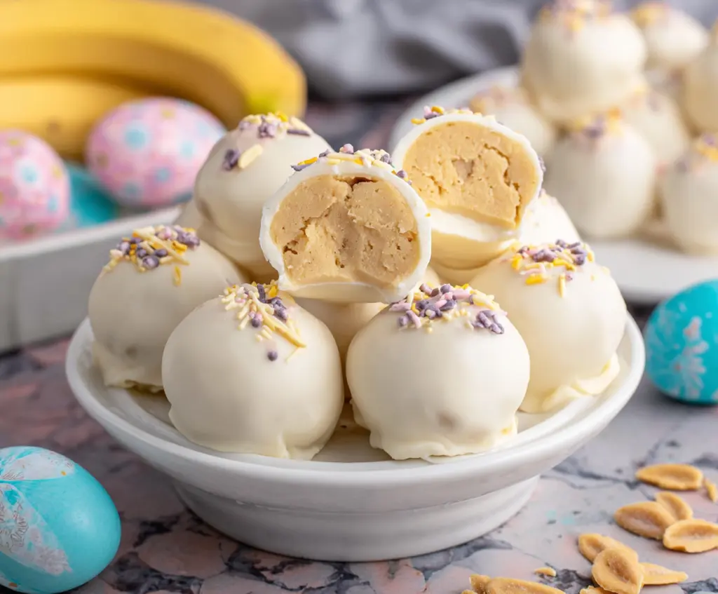 Delicious Banana Pudding Easter Truffles on a festive platter, perfect for spring celebrations.