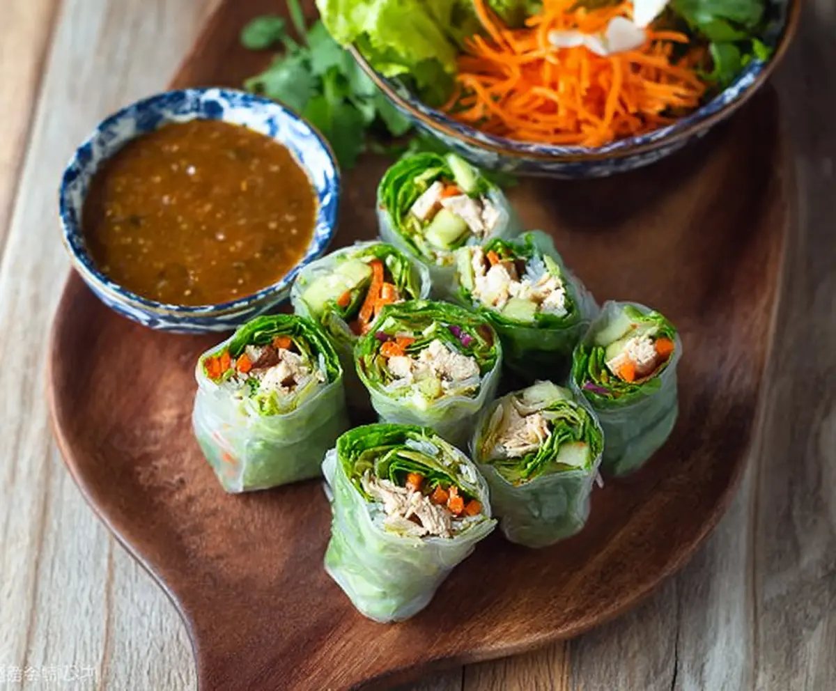 Delicious Bang Bang Chicken Rice Paper Rolls with fresh vegetables and spicy dipping sauce.