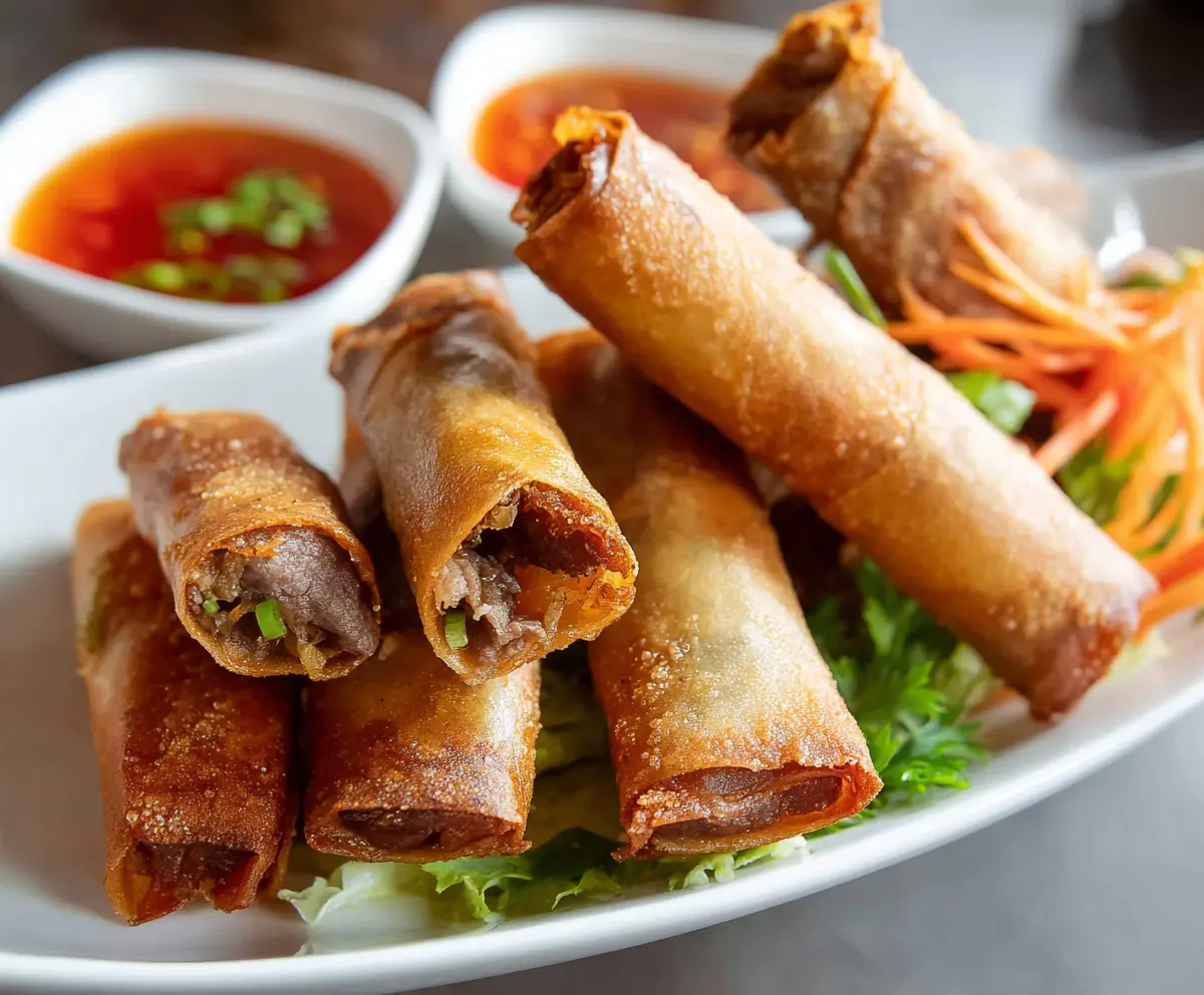 Delicious Beef Lumpia rolls with crispy golden wrapper, perfect as an appetizer or snack.