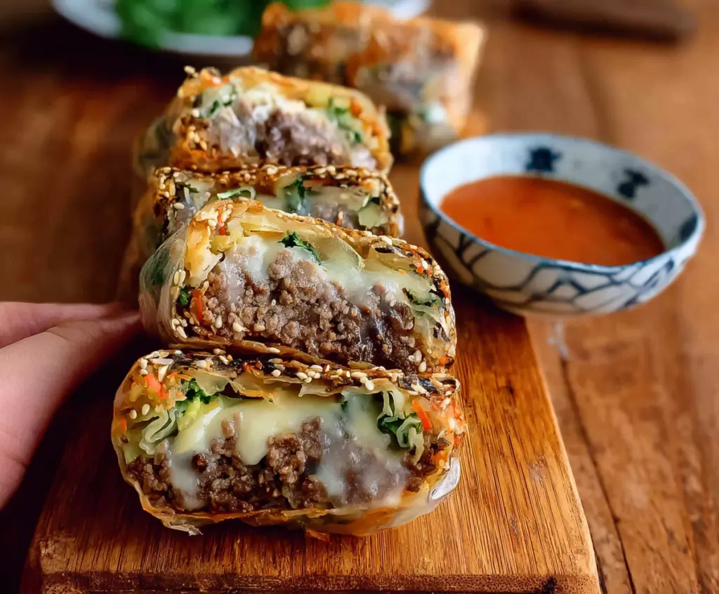 Delicious Big Mac Rice Paper Rolls filled with beef, lettuce, cheese, and special sauce