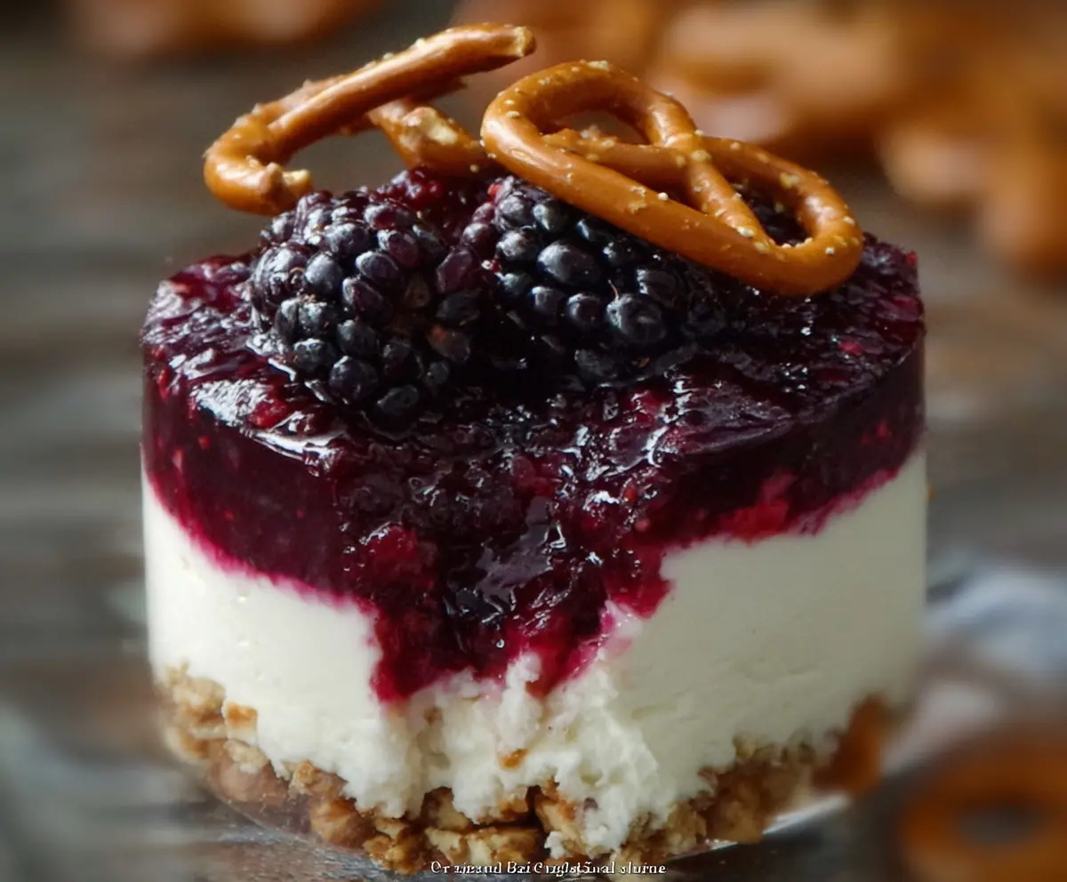 Delicious Blackberry Pretzel Dessert with a crispy pretzel crust and fresh blackberries on top.