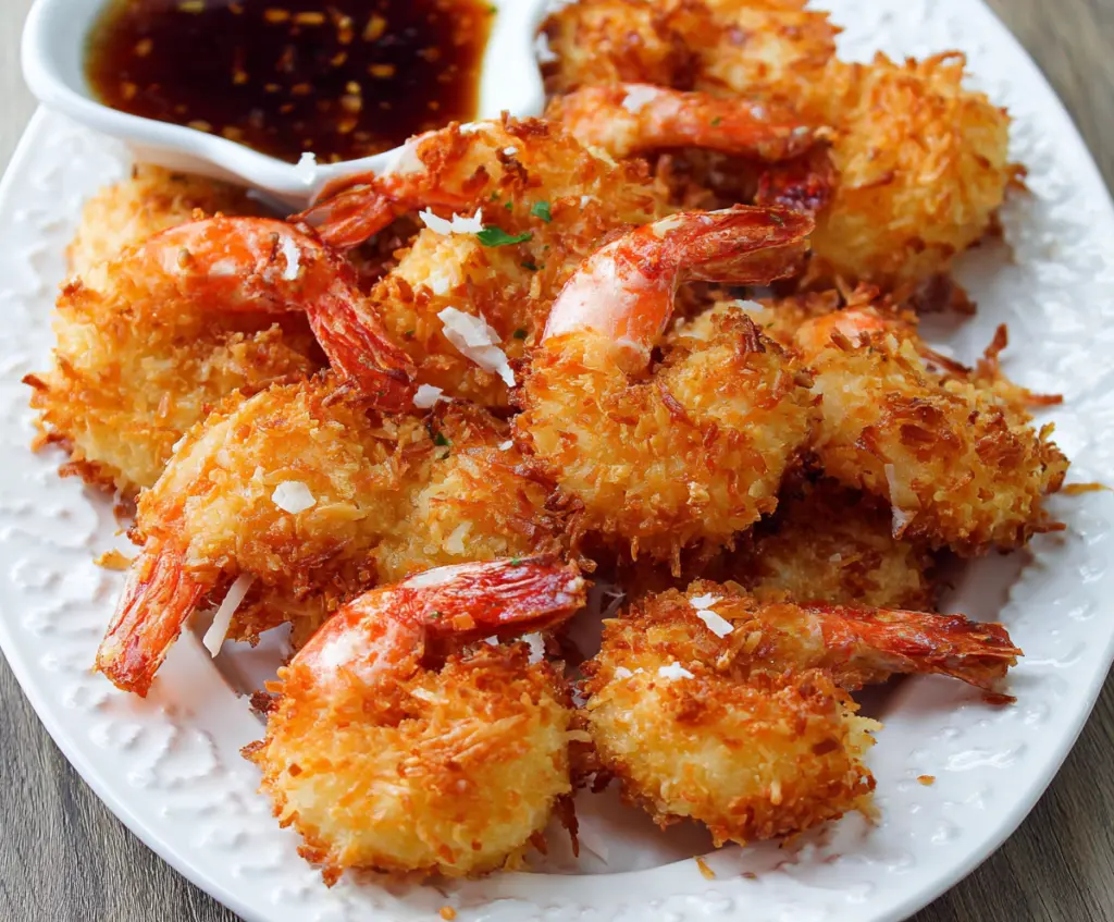 Golden crispy breaded coconut shrimp served with a tangy dipping sauce.