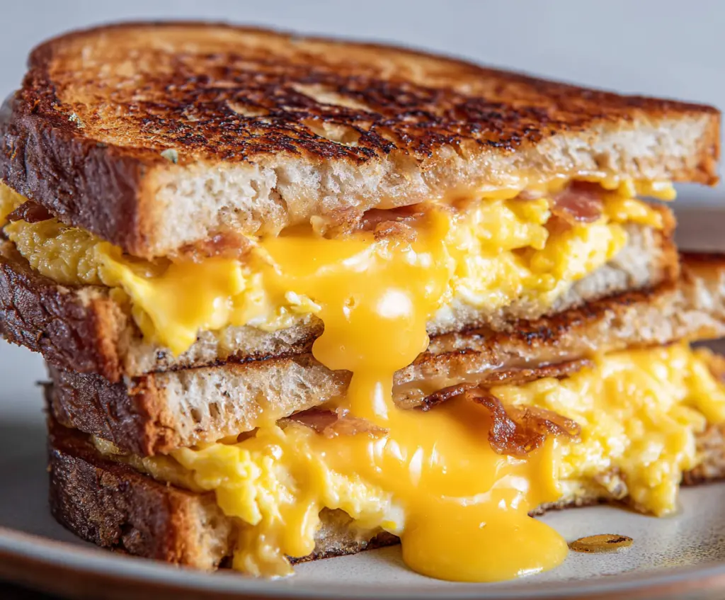 Delicious breakfast grilled cheese sandwich with melted cheese and crispy bread