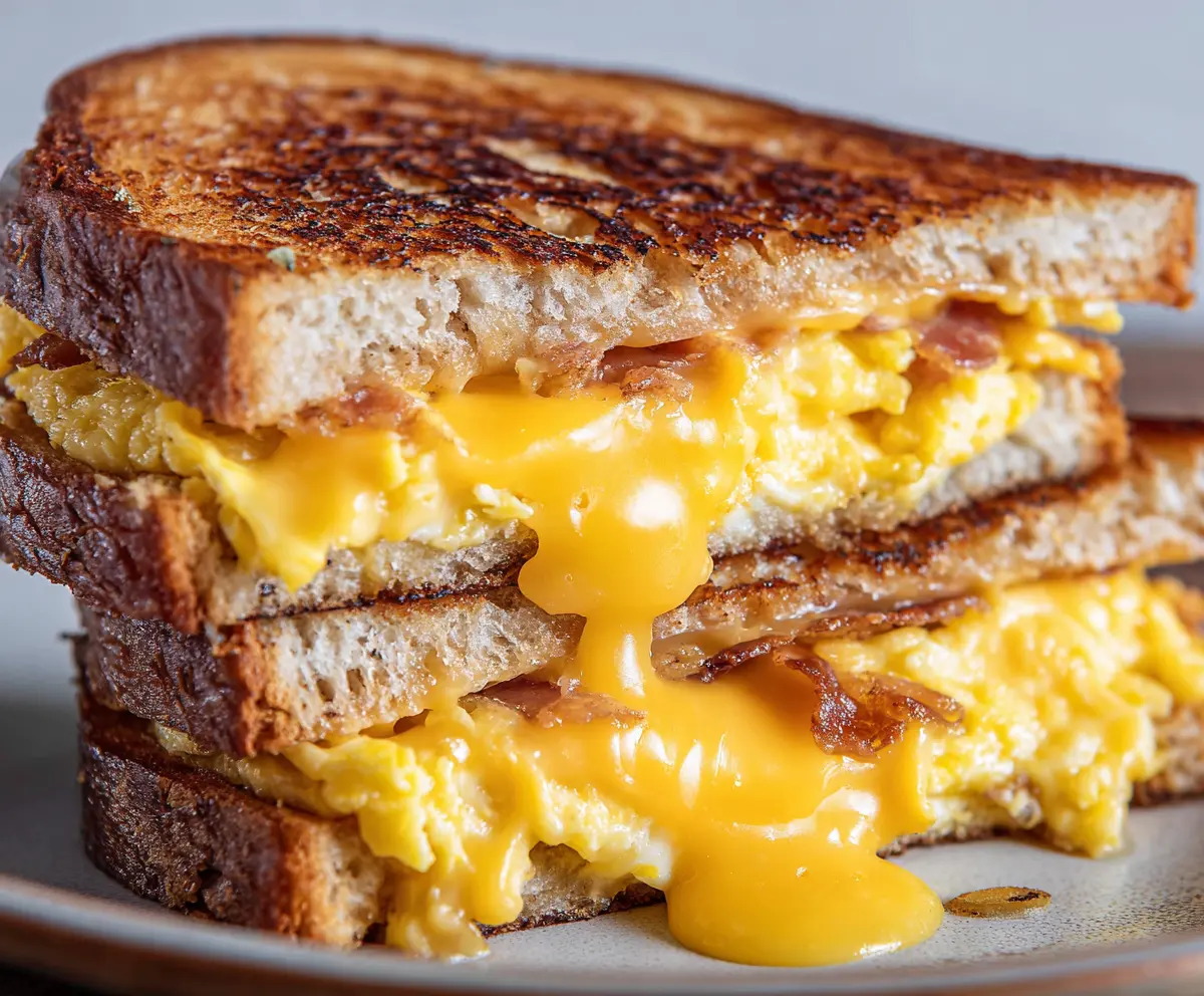 Delicious breakfast grilled cheese sandwich with melted cheese and crispy bread