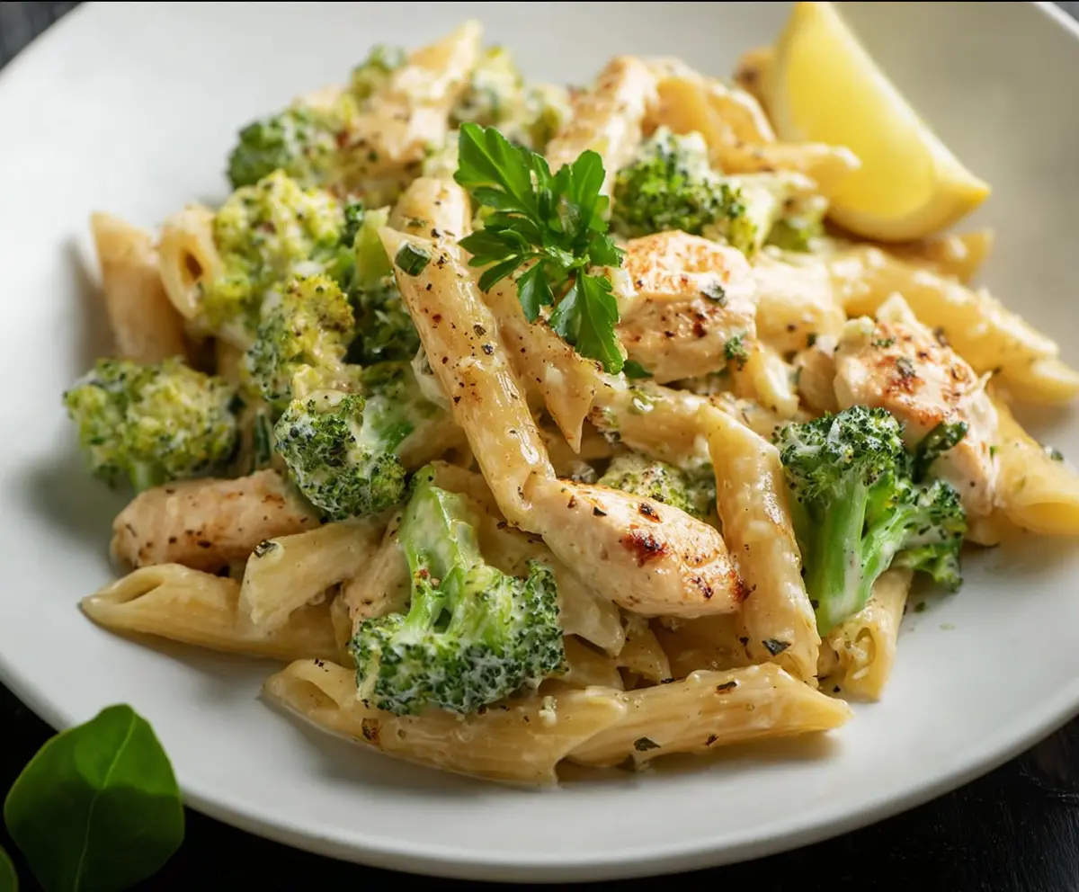 Delicious broccoli and chicken penne pasta dish in a white bowl, garnished with herbs.