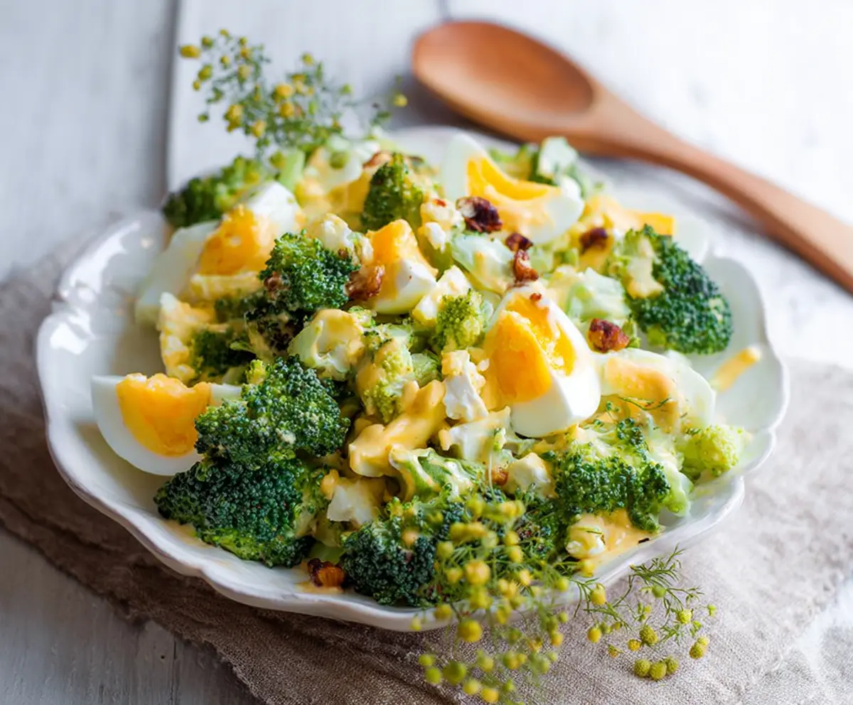 Healthy broccoli egg salad with fresh vegetables and creamy dressing, perfect for a nutritious meal.