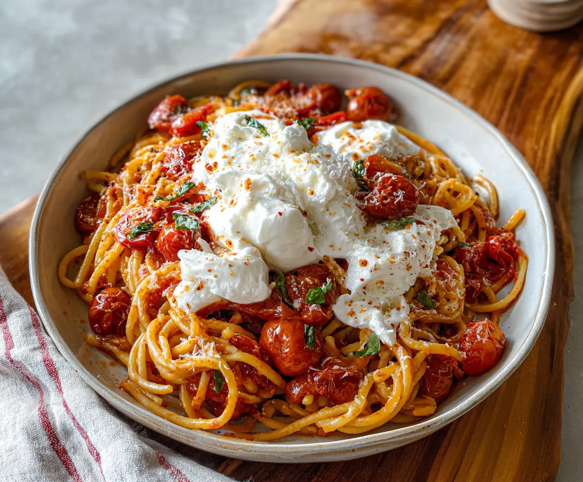 Delicious burst tomato burrata pasta served on a plate, showcasing fresh ingredients and vibrant flavors.