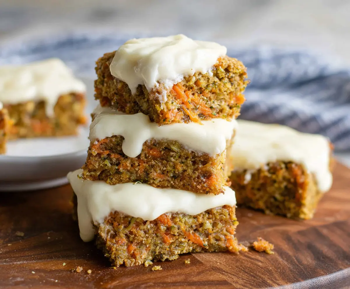 Delicious carrot and zucchini bars topped with citrus cream cheese frosting, perfect for healthy snacking.
