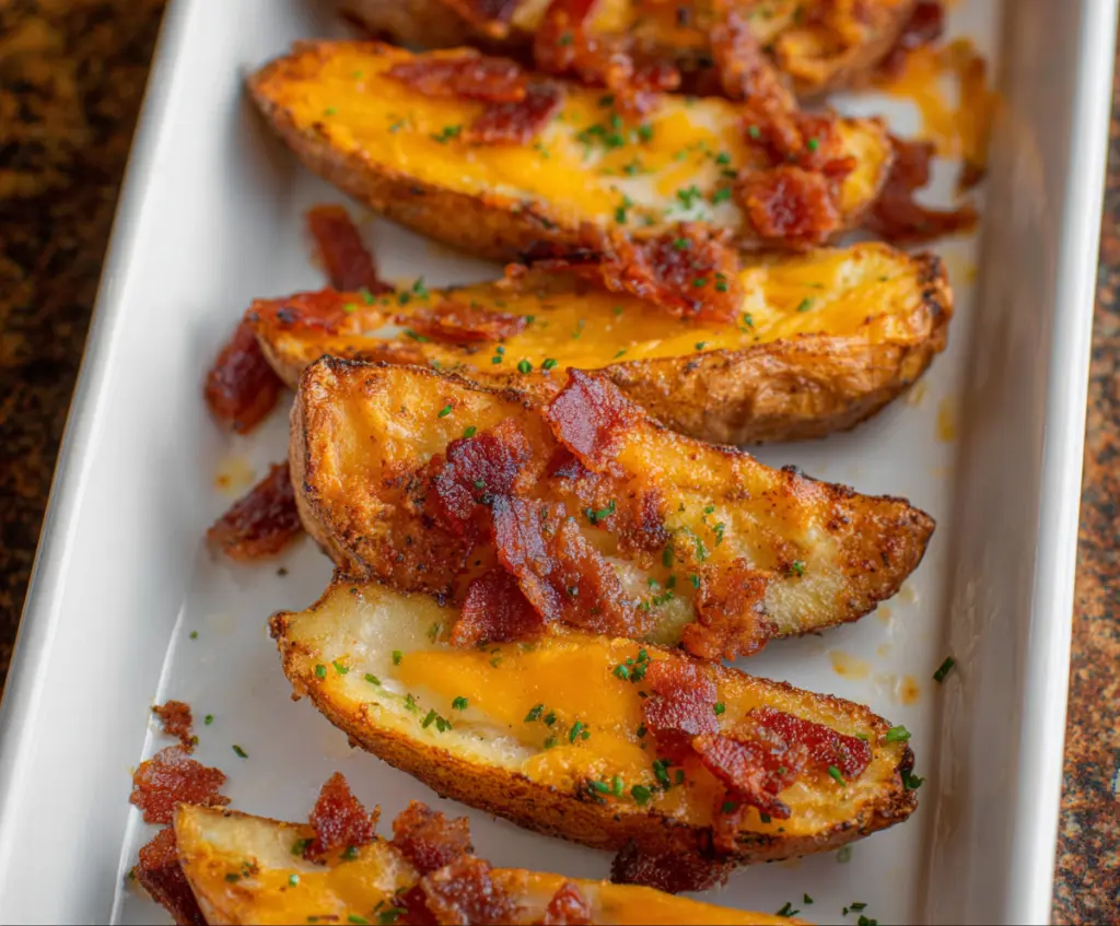 Delicious Cheddar Bacon Potato Wedges served with melted cheese and crispy bacon pieces.