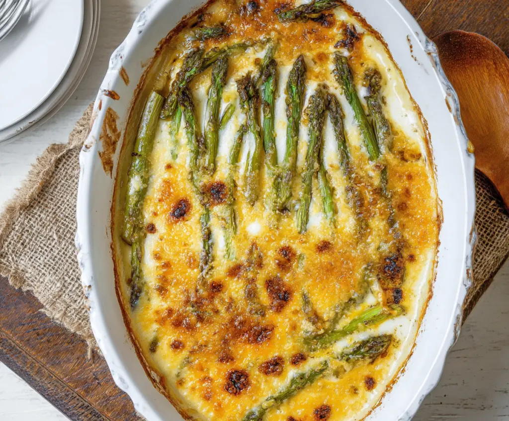 Delicious Cheesy Asparagus Bake with melted cheese and fresh asparagus