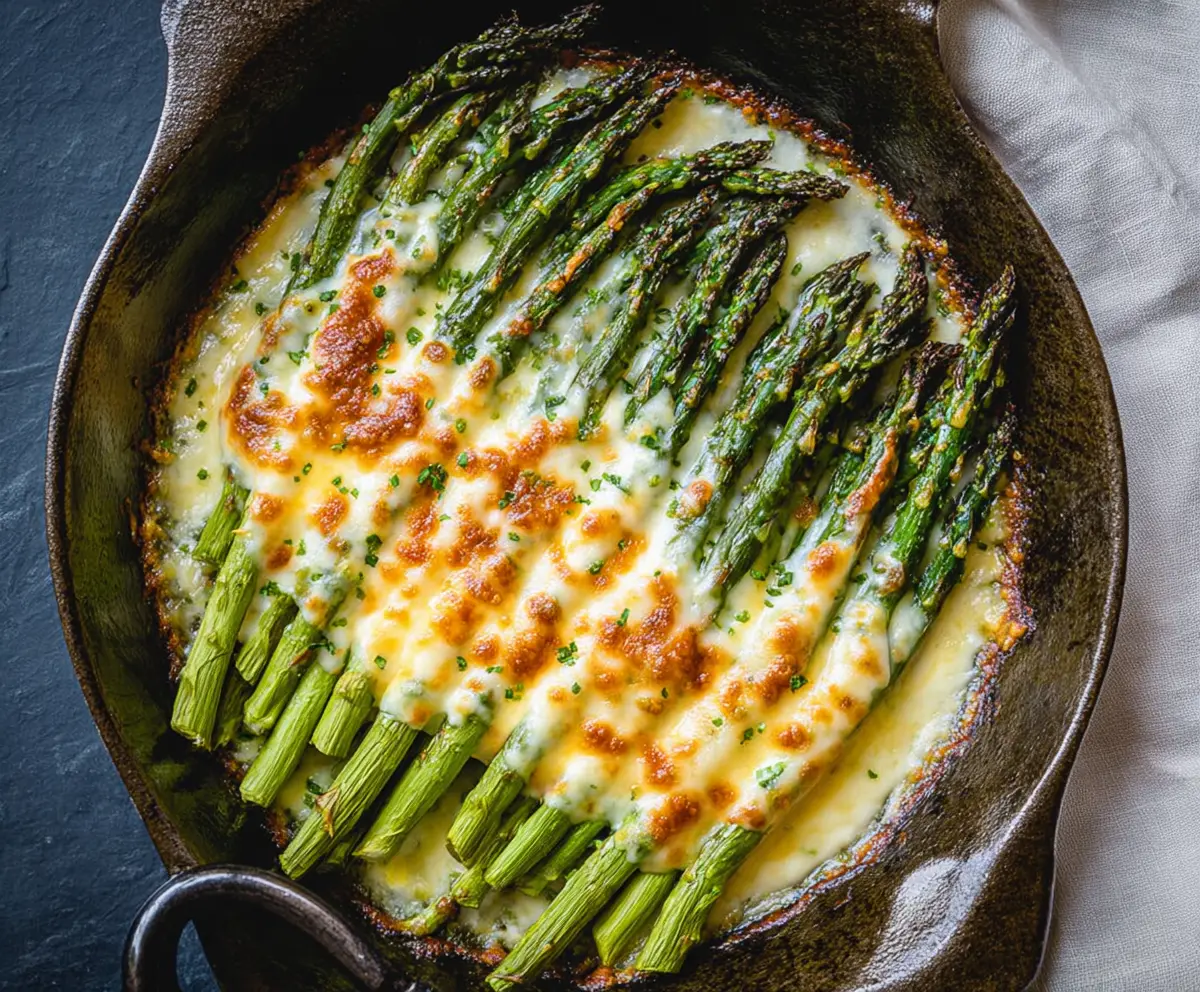 Delicious cheesy baked asparagus served on a white plate, perfect for a healthy appetizer or side dish.