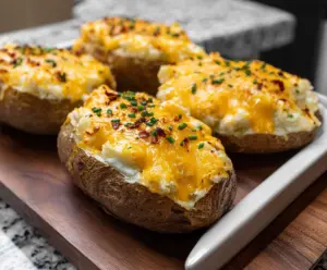 Delicious cheesy baked potatoes topped with melted cheese and fresh herbs.