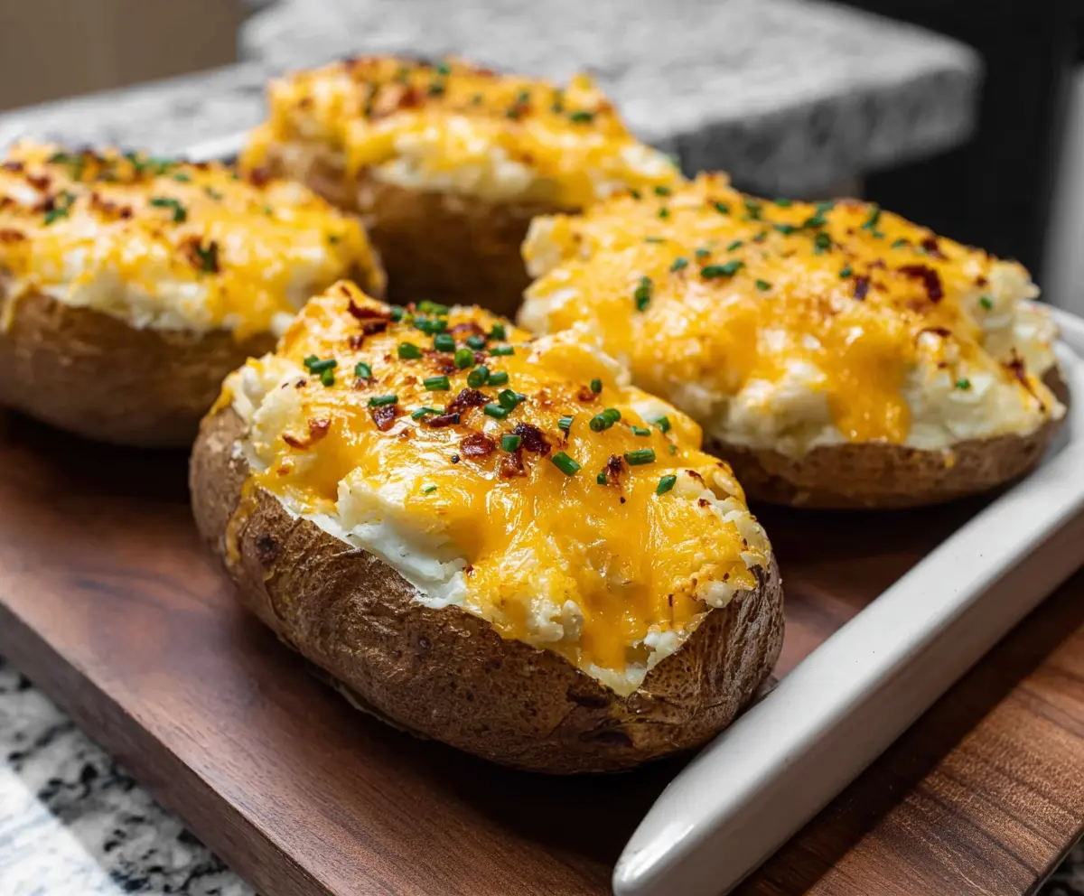 Delicious cheesy baked potatoes topped with melted cheese and fresh herbs.
