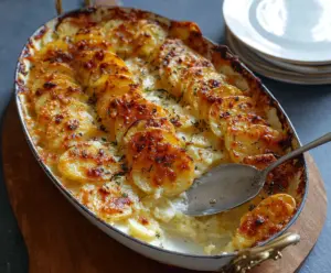 Delicious cheesy garlic butter potato bake served hot with a golden crust.