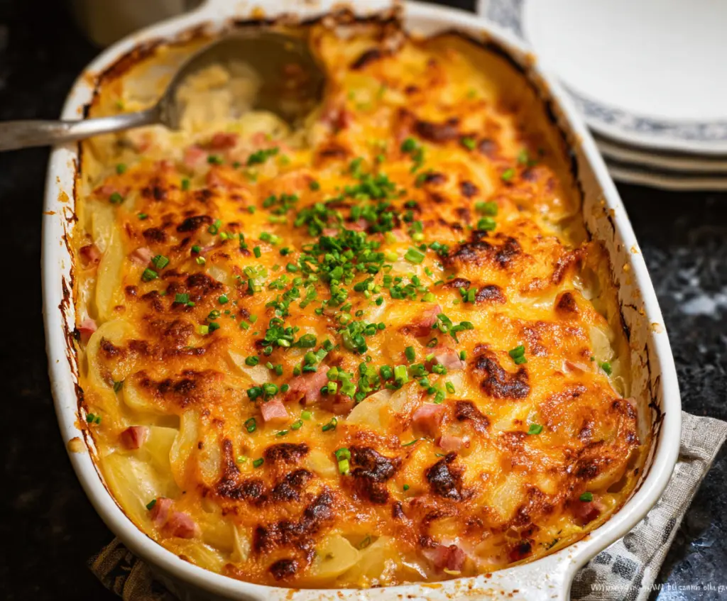 Delicious cheesy ham and potato casserole served in a baking dish, perfect for family dinner.