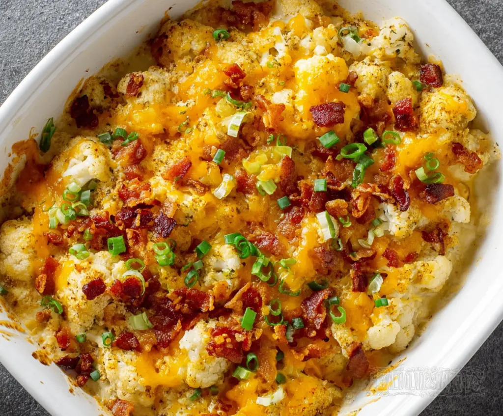 Delicious cheesy loaded cauliflower casserole with melted cheese and crispy bacon topping.