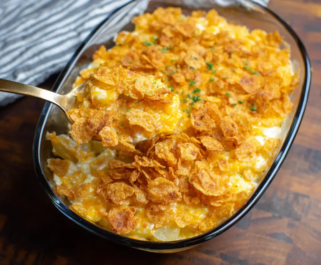 Delicious cheesy potatoes topped with crispy corn flakes, perfect for a comforting meal.