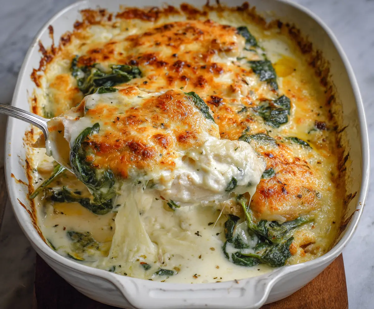 Delicious chicken and spinach casserole topped with melted cream cheese.