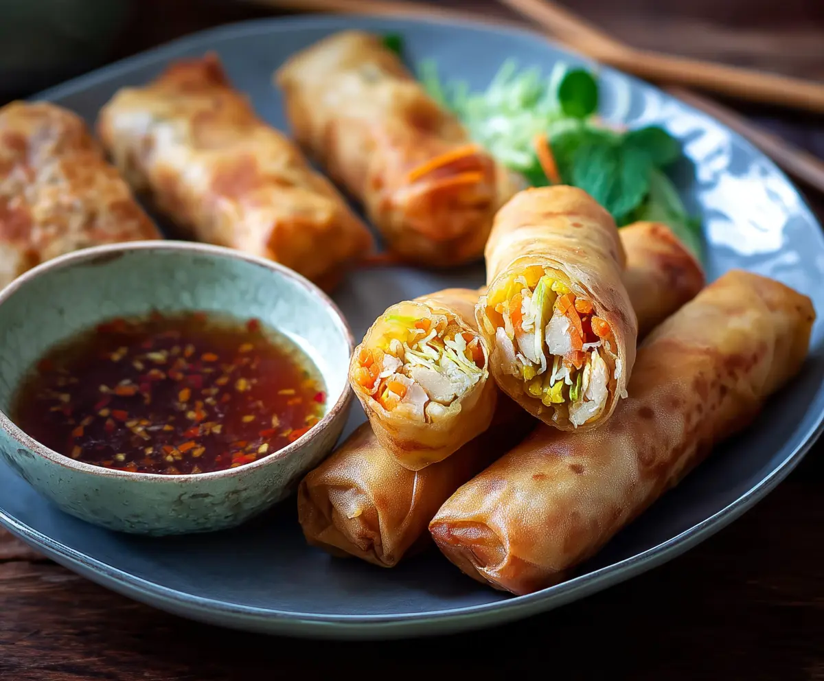 Delicious chicken spring rolls with fresh vegetables and crispy golden exterior.