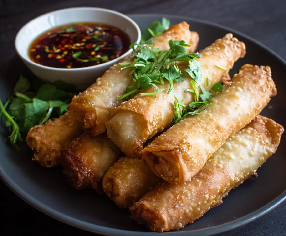 Crispy Chinese Spring Rolls filled with vegetables and served with dipping sauce.