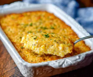 Delicious cheesy corn casserole in a baking dish, perfect for a comforting side dish.