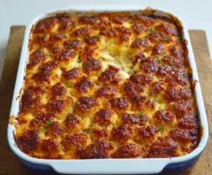 Delicious Corned Beef Casserole topped with melted cheese and fresh herbs