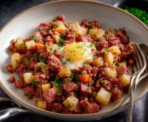 Delicious homemade Corned Beef Hash with crispy potatoes and seasoned beef for breakfast.
