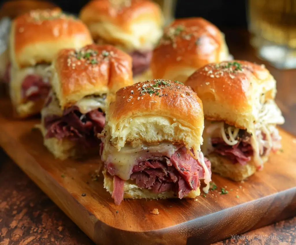 Delicious Corned Beef Sliders with melted cheese and toppings on a plate