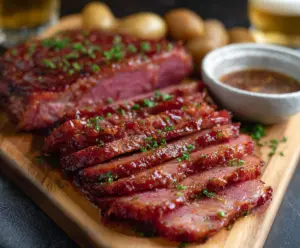 Delicious corned beef with a shiny beer glaze and tender meat on a serving plate.