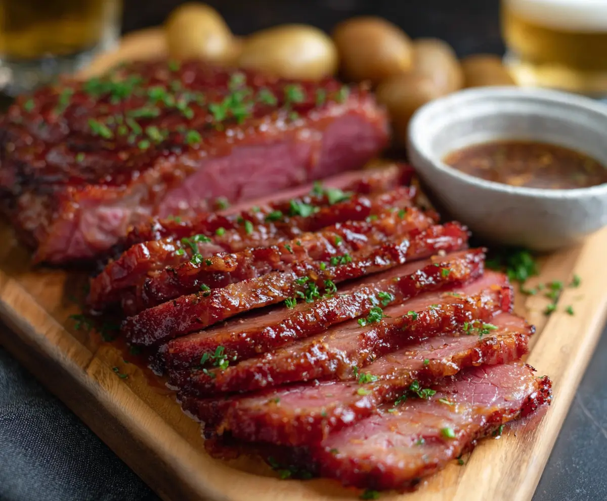 Delicious corned beef with a shiny beer glaze and tender meat on a serving plate.