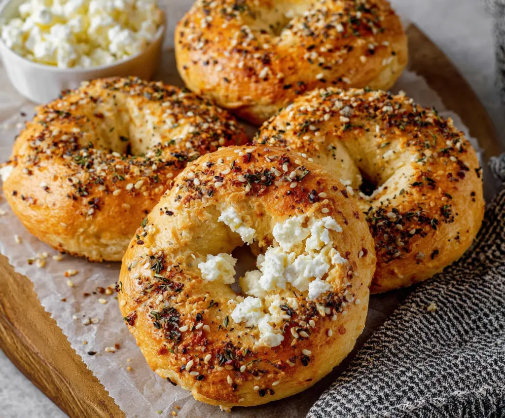 Homemade cottage cheese and almond flour bagels on a wooden cutting board, perfect for a healthy breakfast.