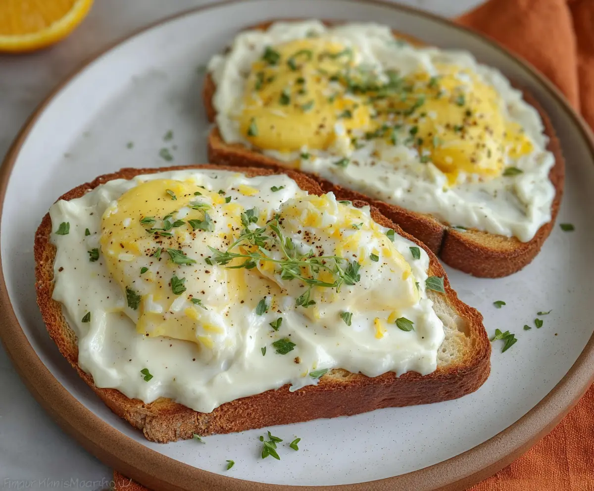 Creamed eggs on toast served for breakfast with savory creamy sauce and toasted bread.