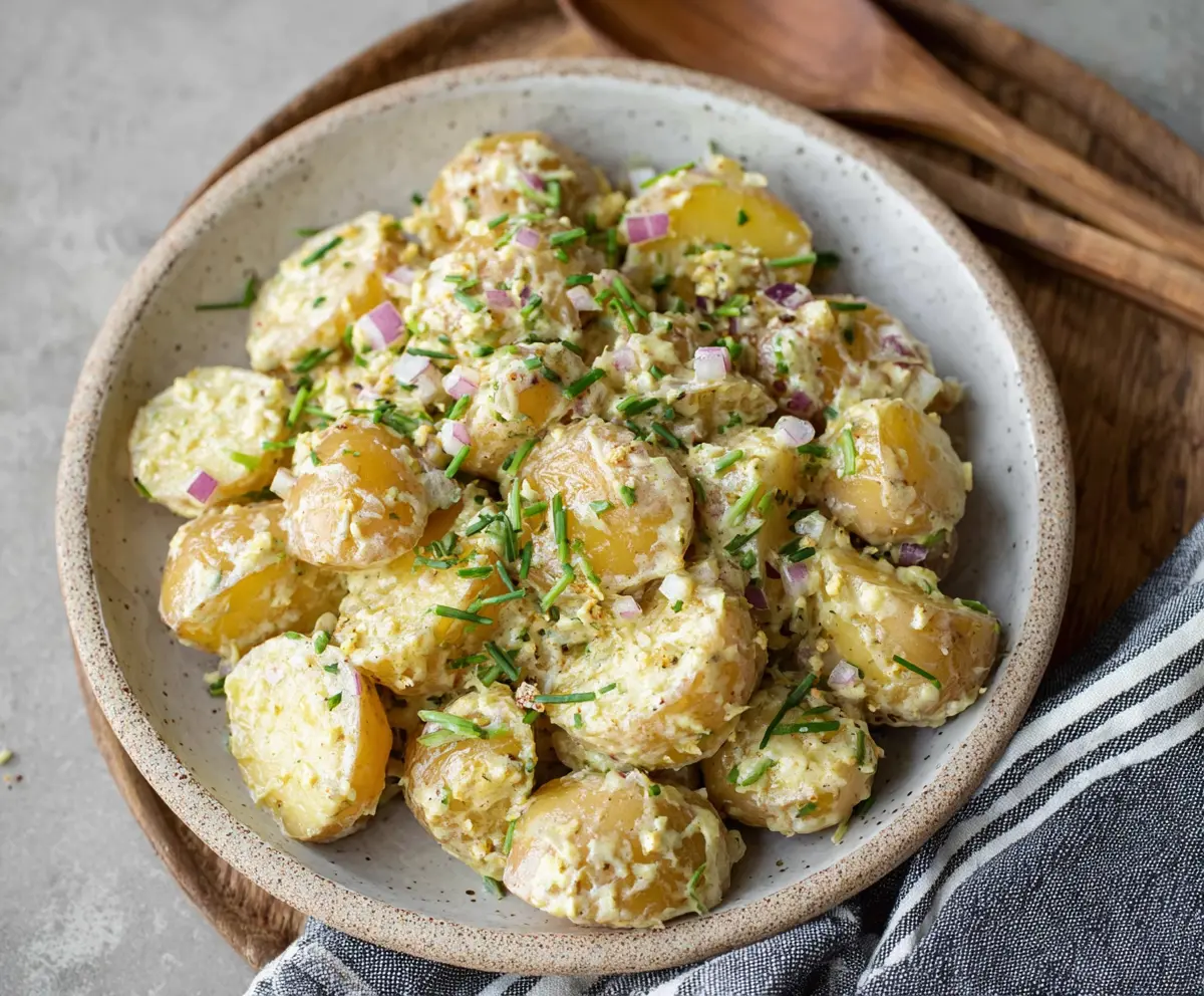 Delicious creamy mustard potatoes garnished with fresh herbs on a rustic plate.