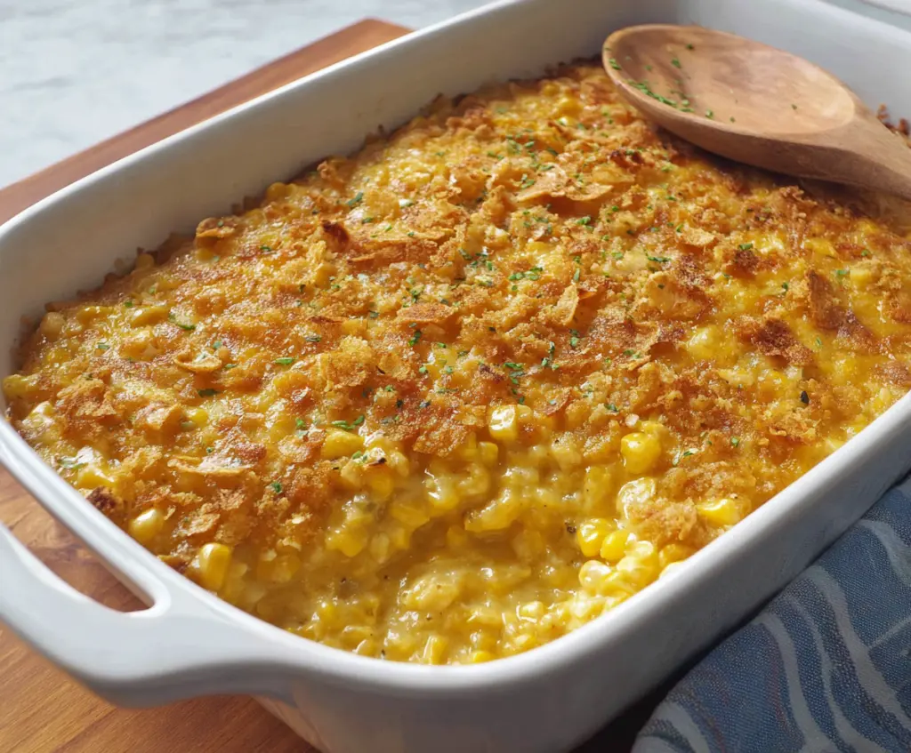 Delicious creamy scalloped corn dish served in a bowl, showcasing golden baked corn with a cheesy topping.