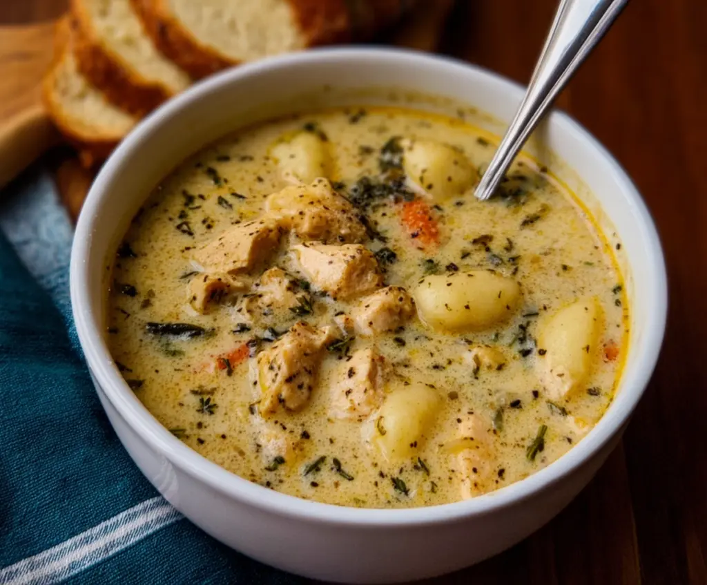 Creamy winter lemon chicken gnocchi soup in a bowl with fresh herbs.