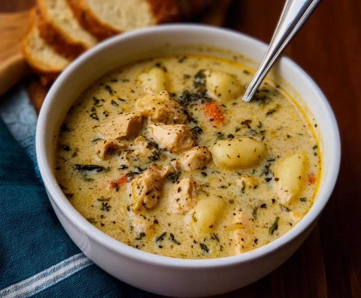 Creamy winter lemon chicken gnocchi soup in a bowl with fresh herbs.