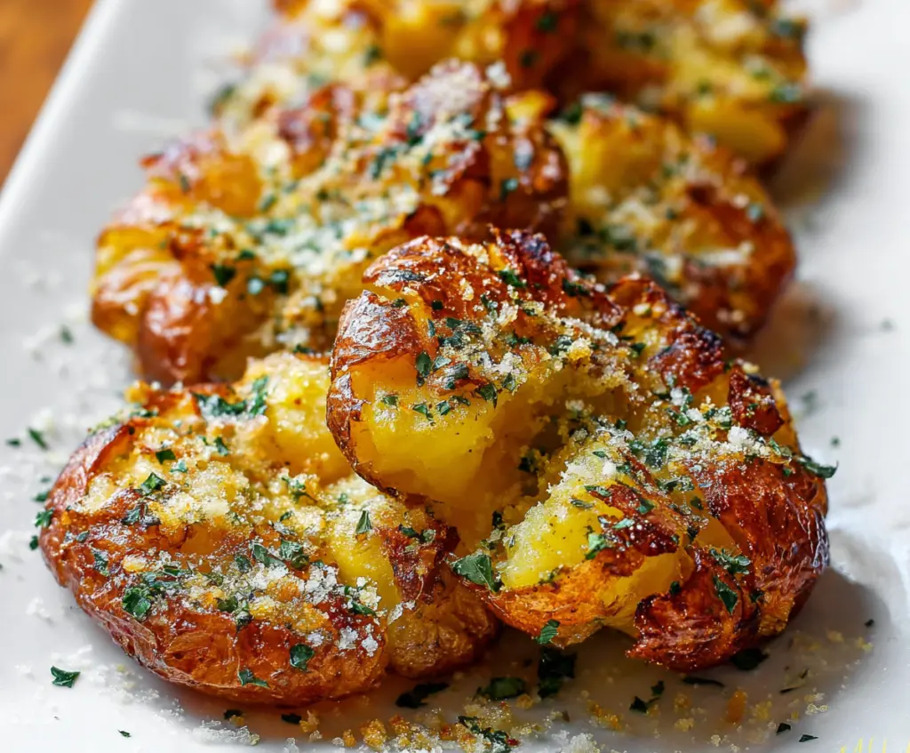 Golden crispy garlic butter parmesan smashed potatoes garnished with fresh herbs.
