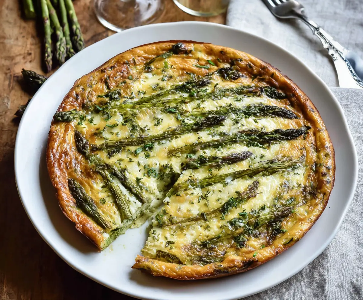 Delicious crustless asparagus quiche sliced on a plate, showcasing fresh green asparagus and melted cheese.
