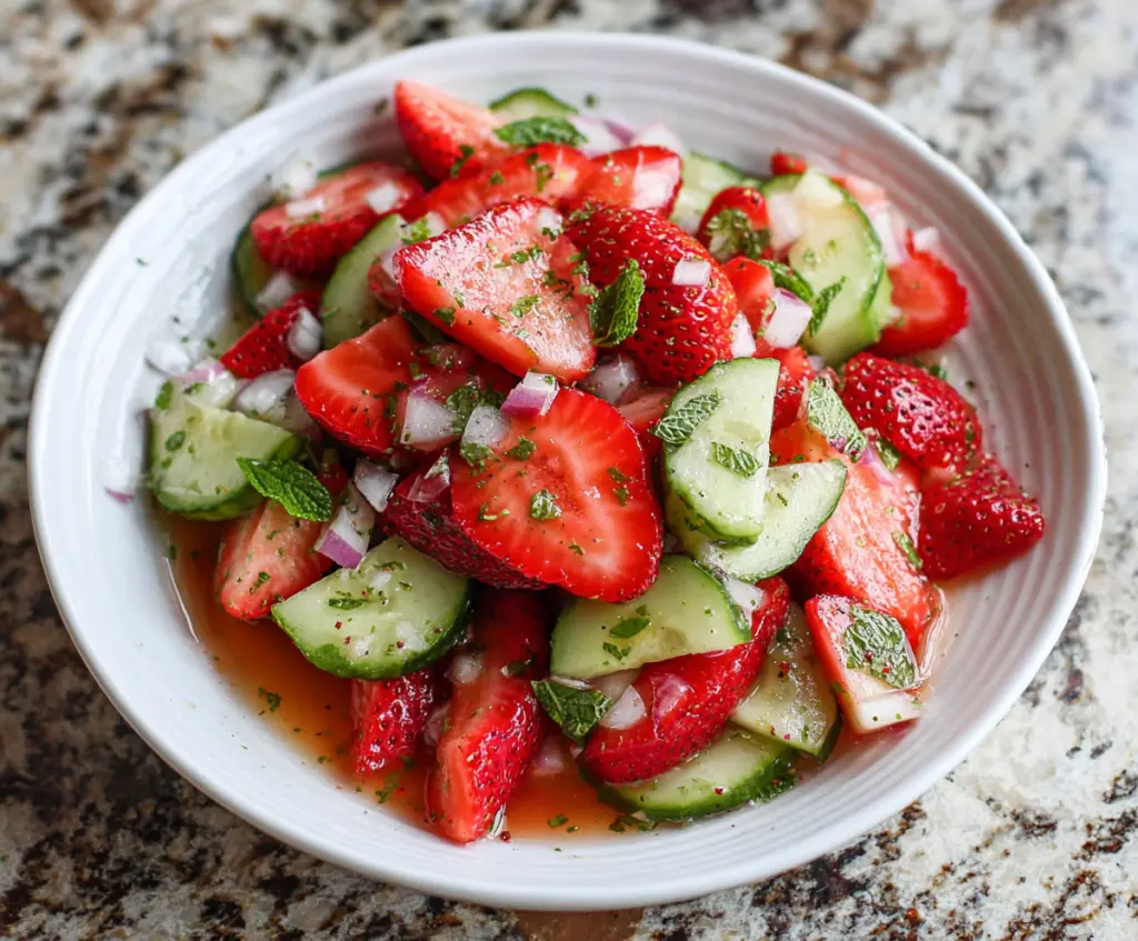 Fresh cucumber and vibrant strawberry salad in a bowl, perfect for a healthy summer meal